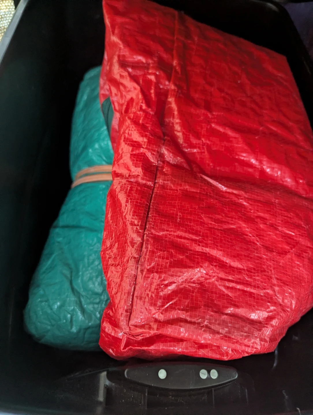 Black Plastic Storage Bin, bag and tarp