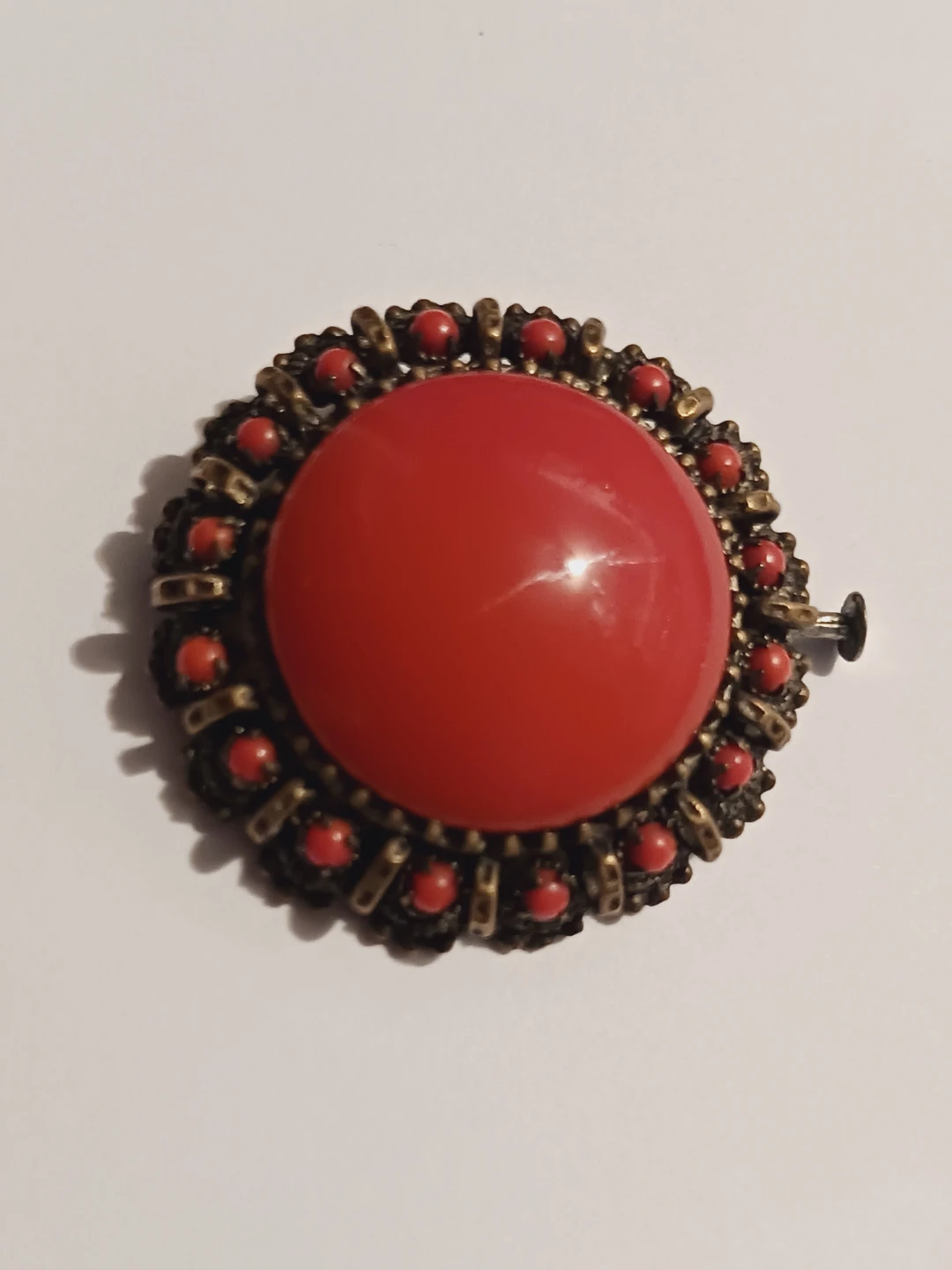 Red Coral Cabochon Round Brooch