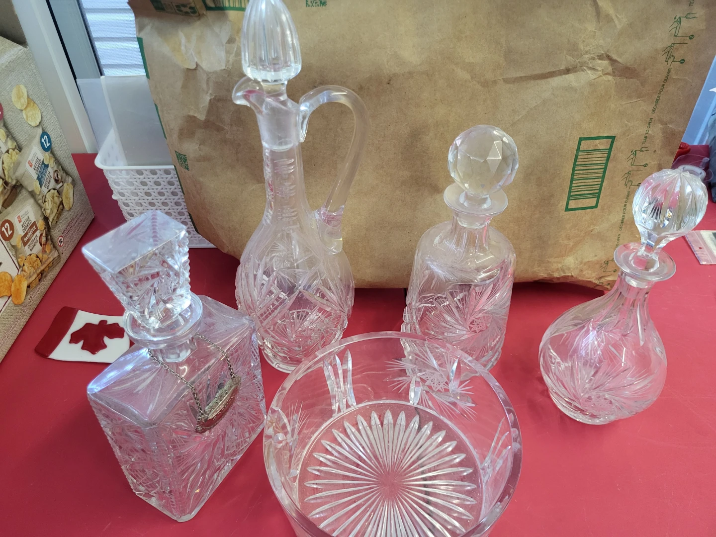 Set of 5 Vintage Cut Glass Crystal Decanters and Bowl