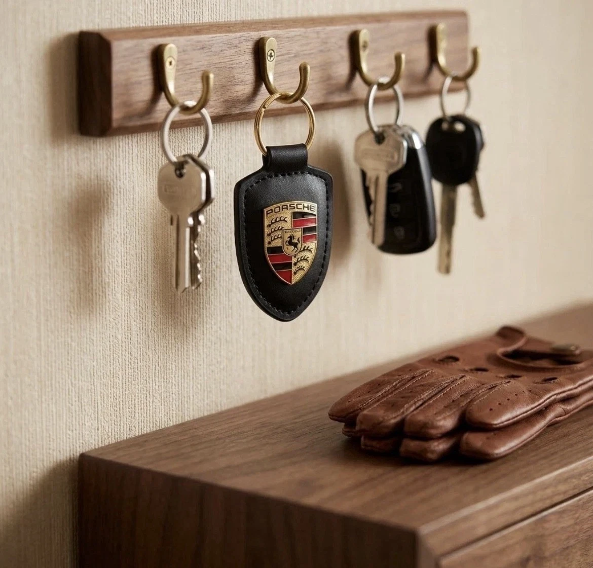 NEW PORSCHE LEATHER CREST KEY RING FOB KEY CHAIN BLACK - photo 3