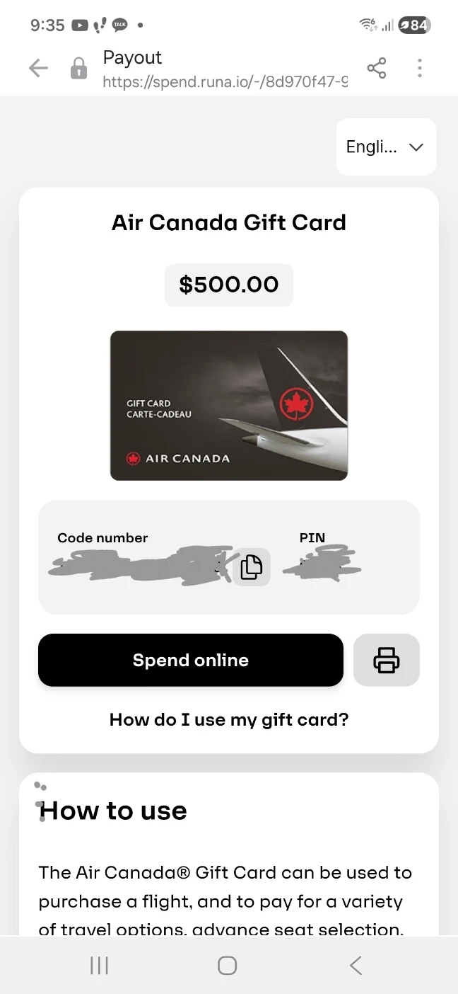 Air Canada $500 Gift Card