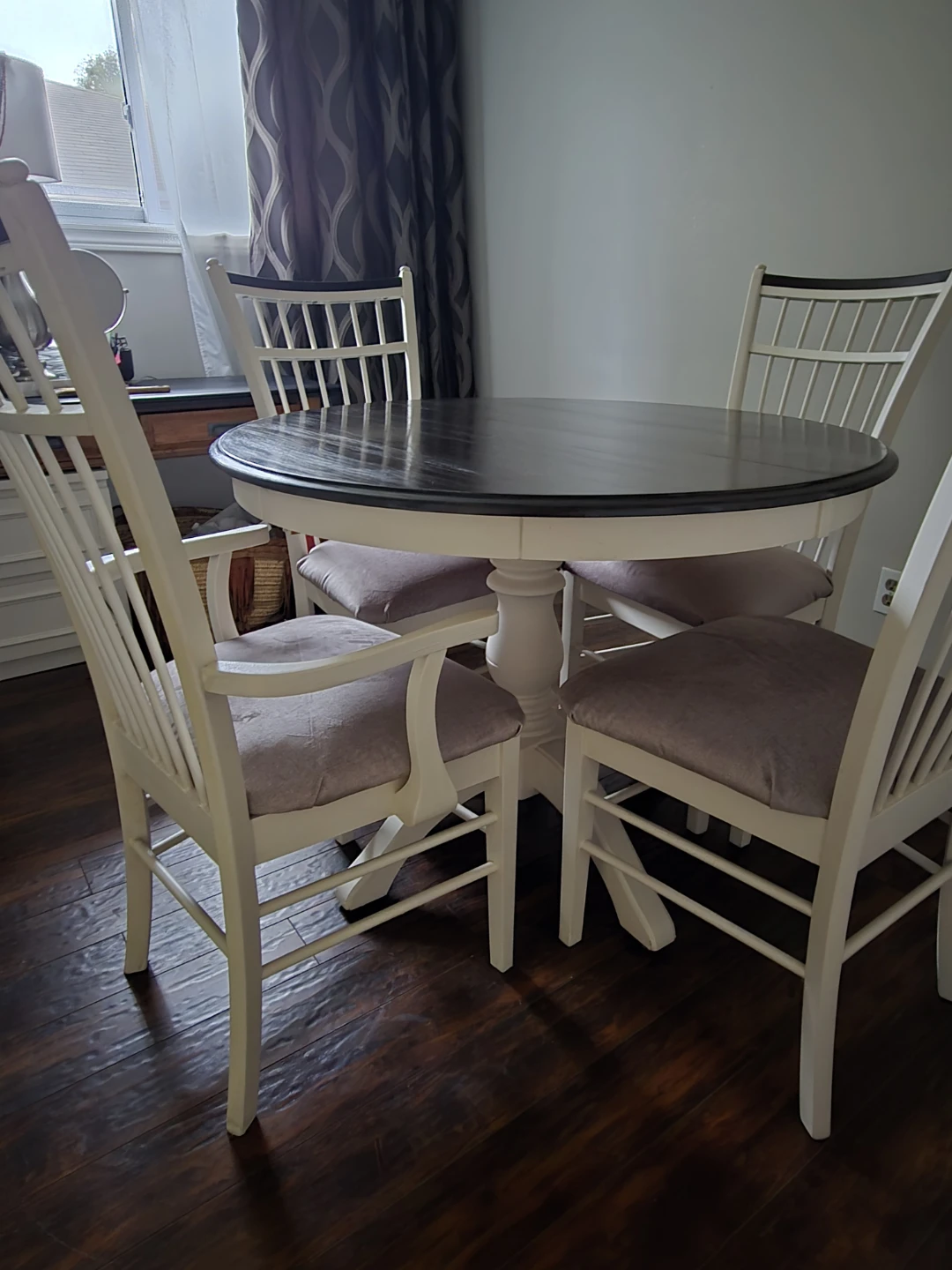 Refinished pedestal set — soft cream base, dark stained top - photo 2