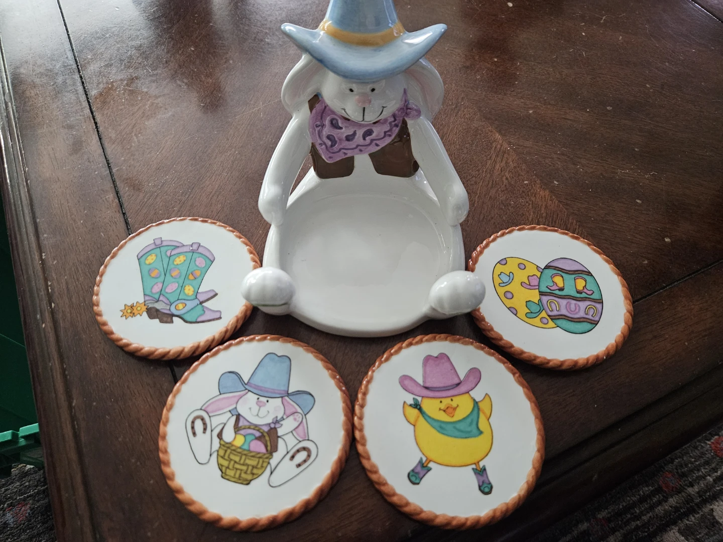 Vintage Ceramic Cowboy Bunny Easter Coaster Set of 4 with Caddy - photo 2