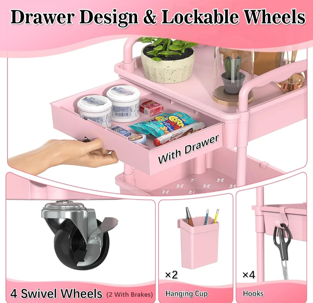Pink 4-Tier Rolling Storage Cart with Drawer - photo 4