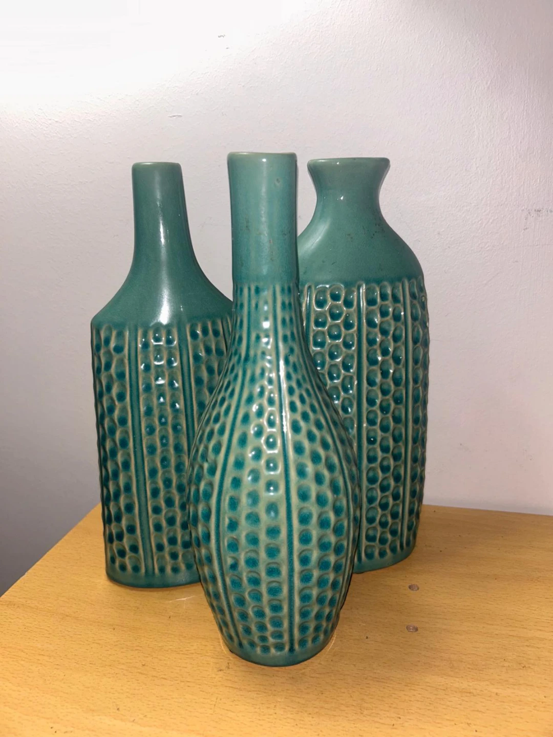 Set of 3 Textured Turquoise Ceramic Vases