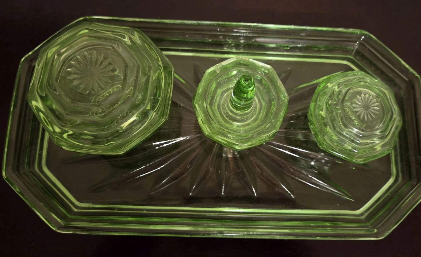 Vintage Green Uranium Glass Vanity Tray Set