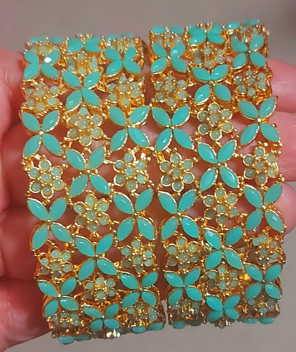 Gold-Tone Teal Enamel Floral Bangles