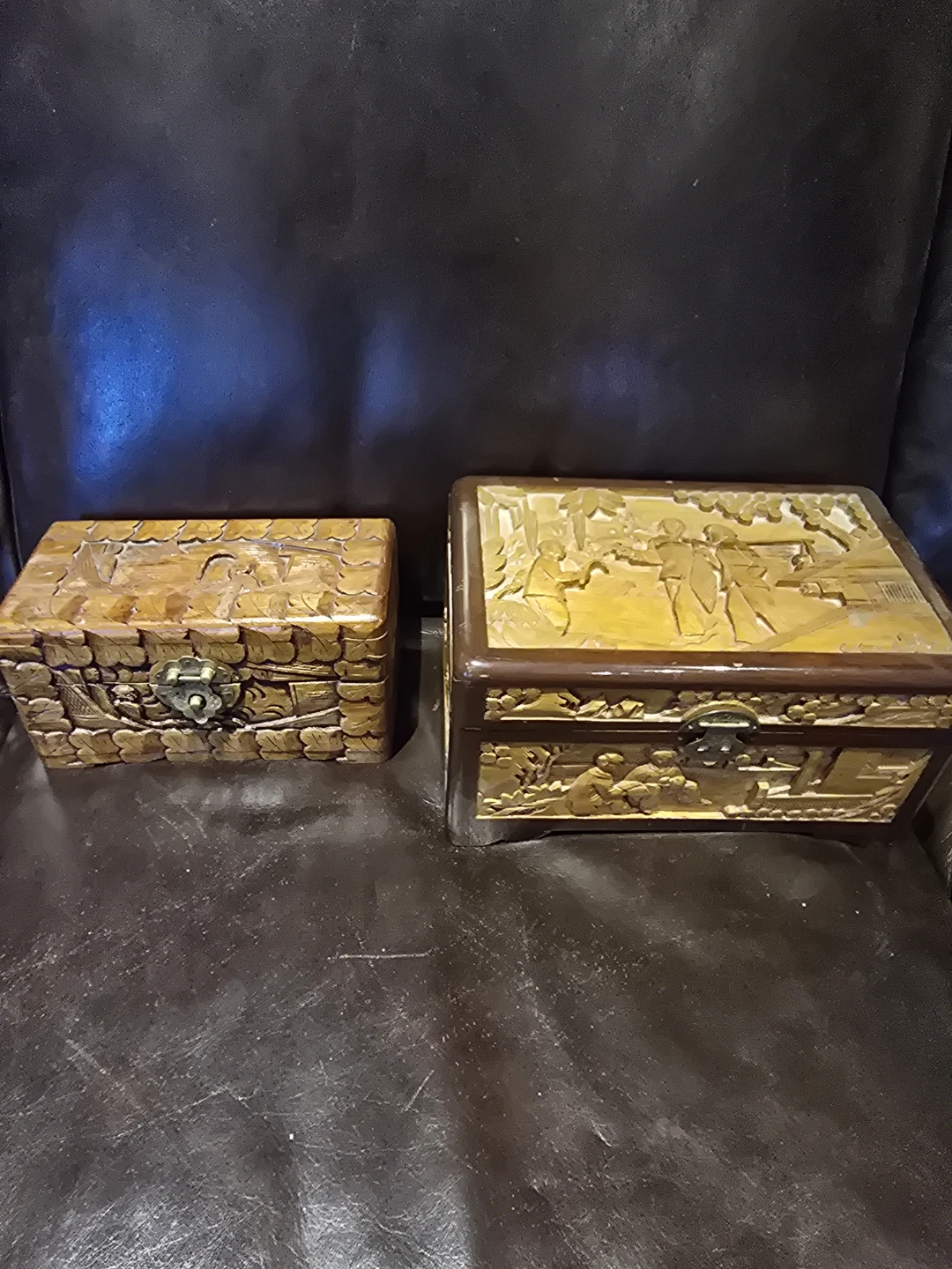 Set of two decorative carved wooden boxes