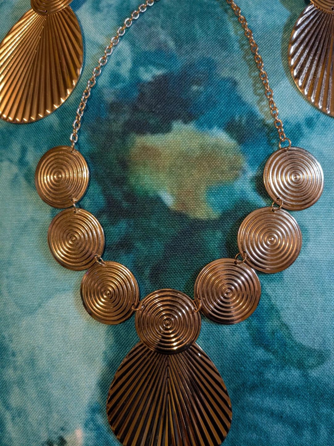 Gold Tone Spiral Disc Statement Bib Necklace & Earring Set - photo 3