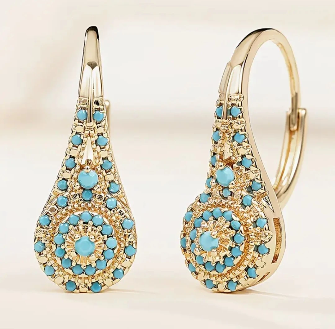 Gold-tone drop earrings with blue stone inlay - photo 4