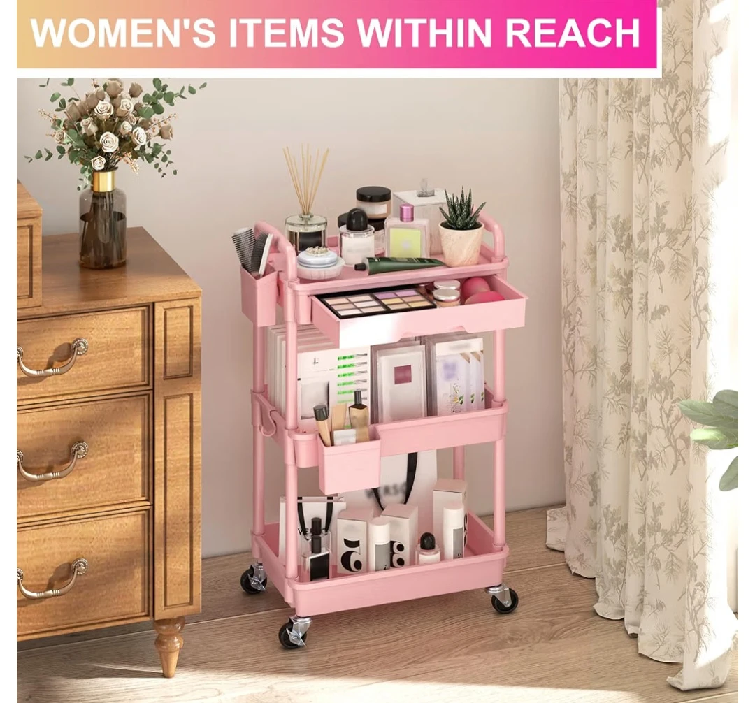 Pink 3-Tier Rolling Kitchen Storage Cart – $40 - photo 3