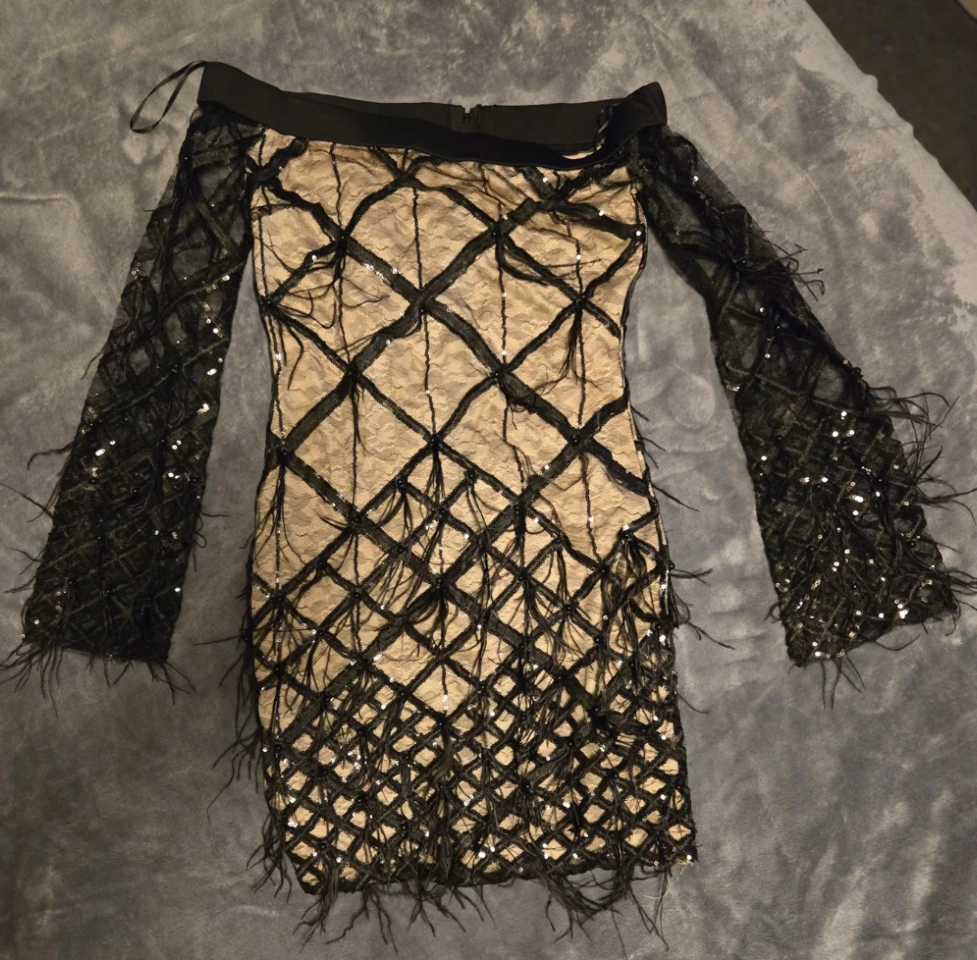 Banjul Long-Sleeve Sequin and Feather Dress