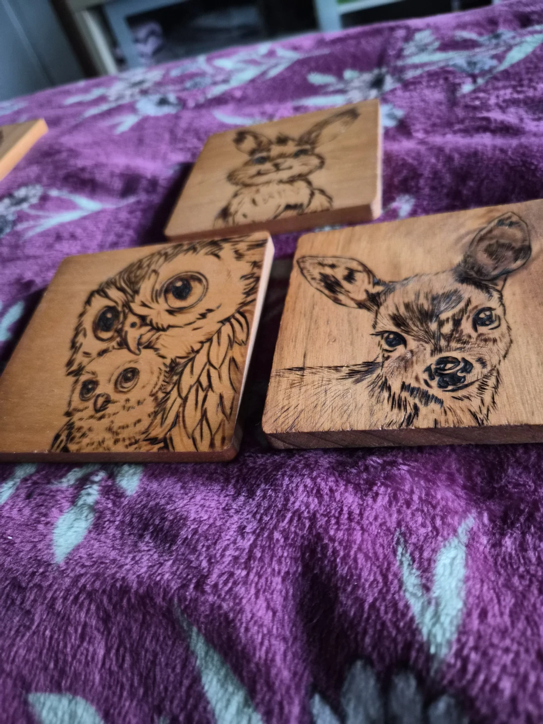 Set of 3 Wood Burned Wildlife Coasters - photo 2