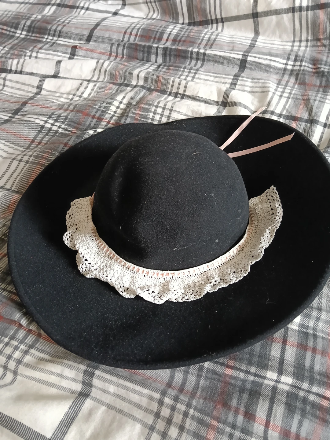 Black Wide Brim Hat with Lace Trim