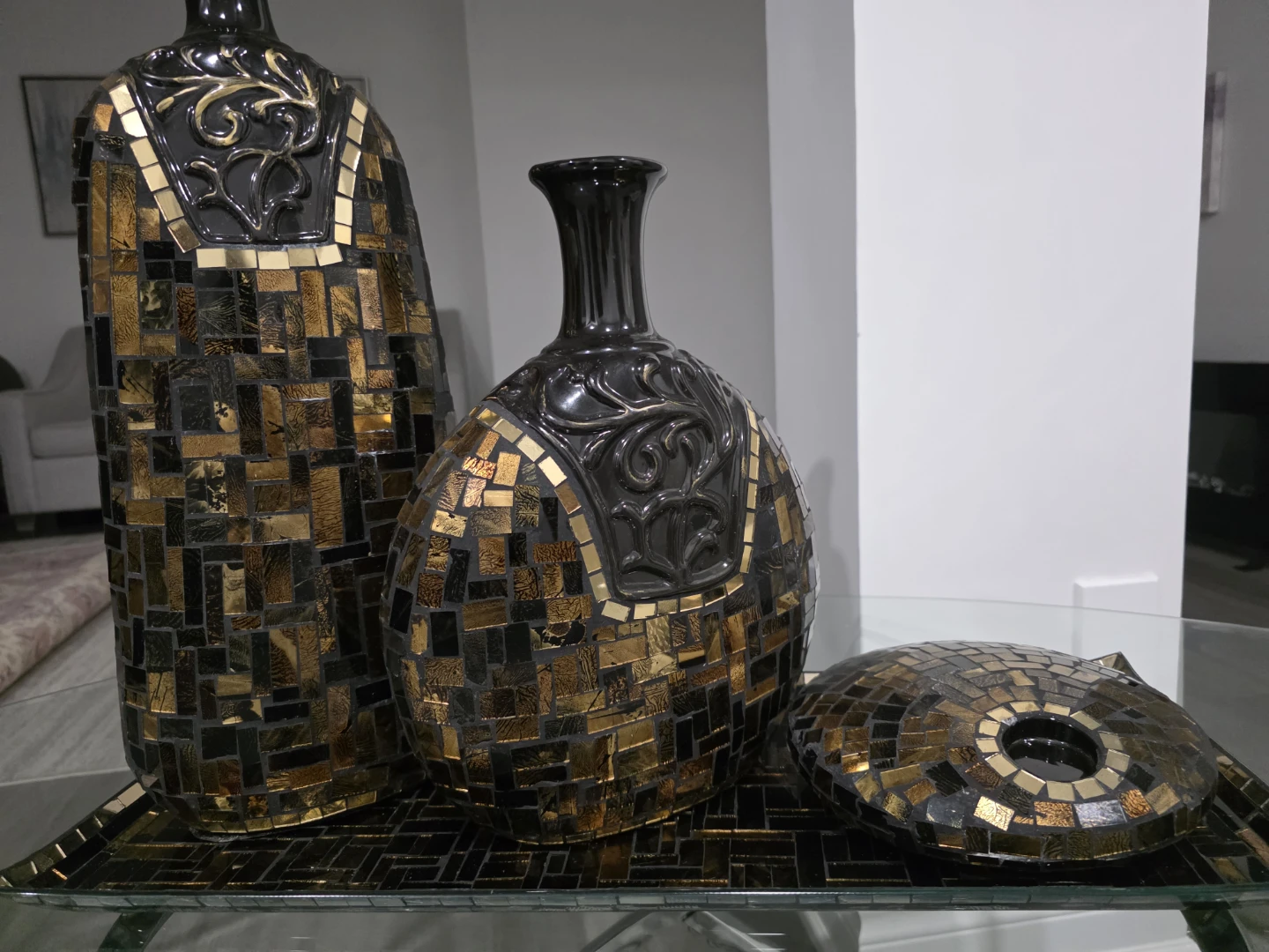 Mosaic Decor Set: 2 Vases, 1 Bowl, and Tray