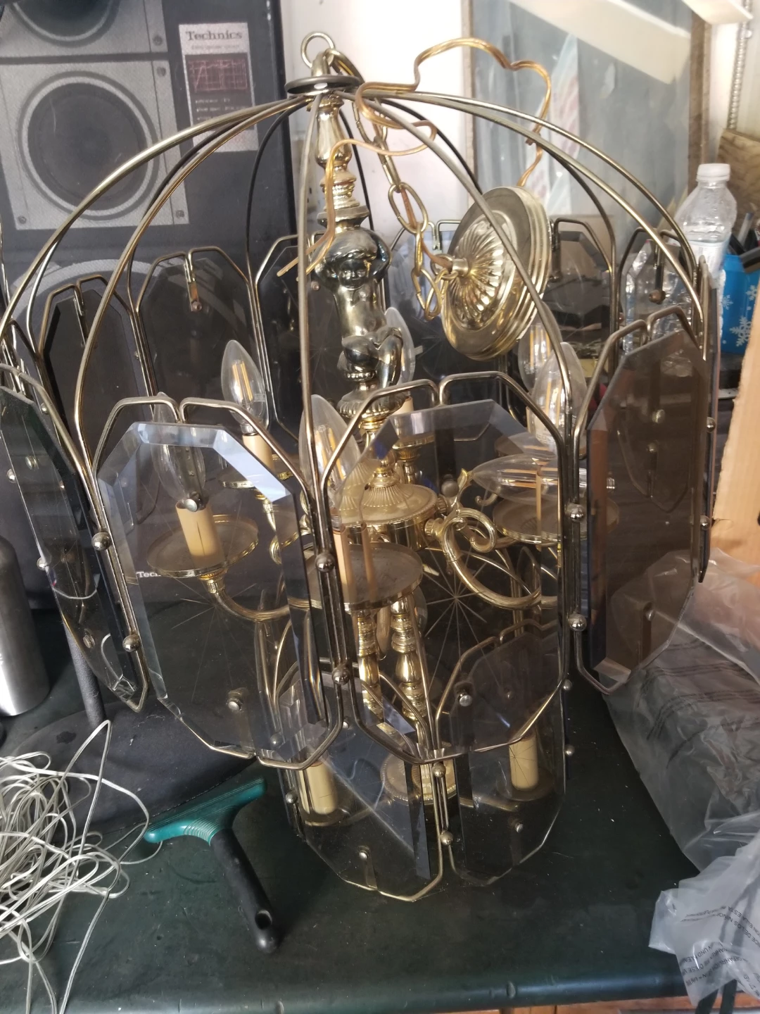 Vintage Brass and Smoke Glass Chandelier