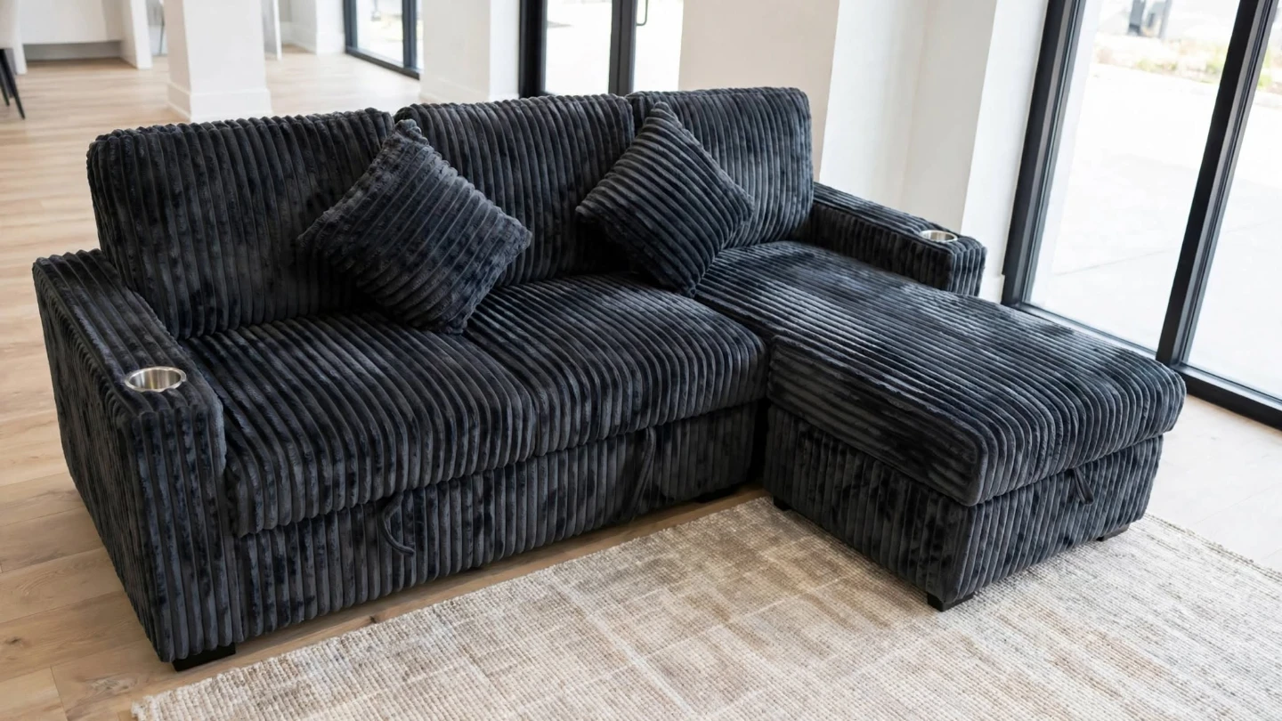 Brand new Dark Grey Corduroy Sectional Sofa Bed with Cup Holders - photo 3