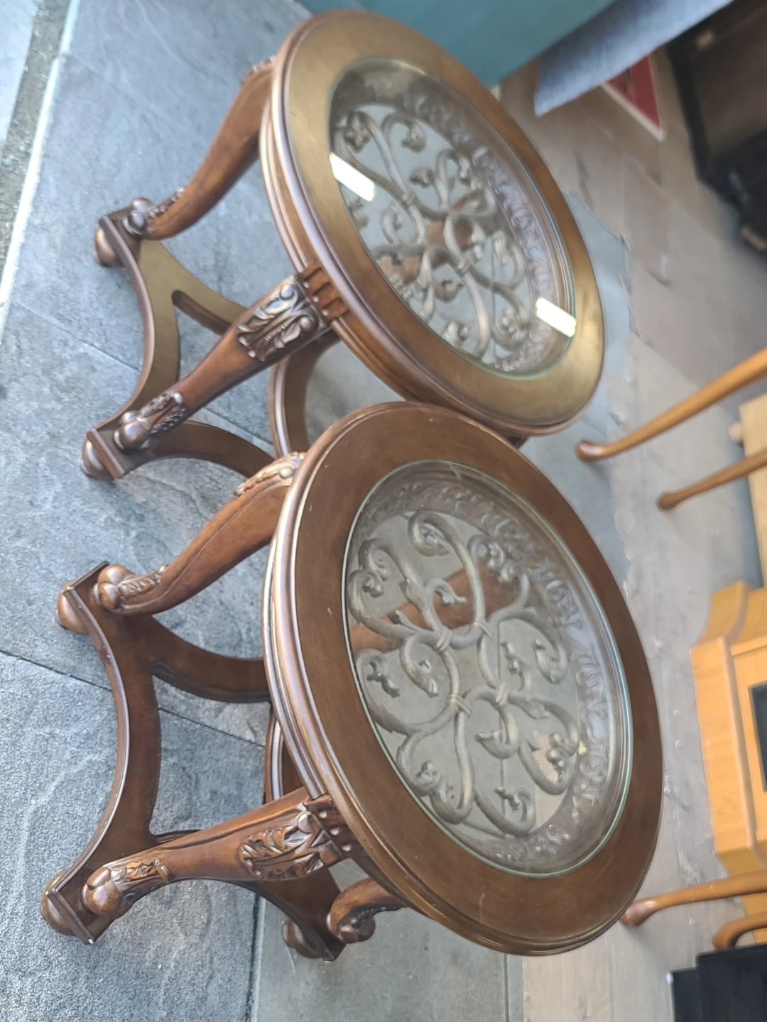 Pair of Ornate Traditional Wood & Glass End Tables - photo 2