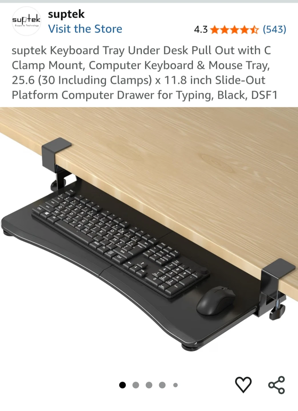 Suptek Under Desk Pull Out Keyboard Tray, Black - photo 2
