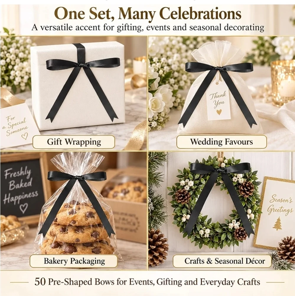 50 Pre-Shaped Satin Twist-Tie Bows - Black - photo 5