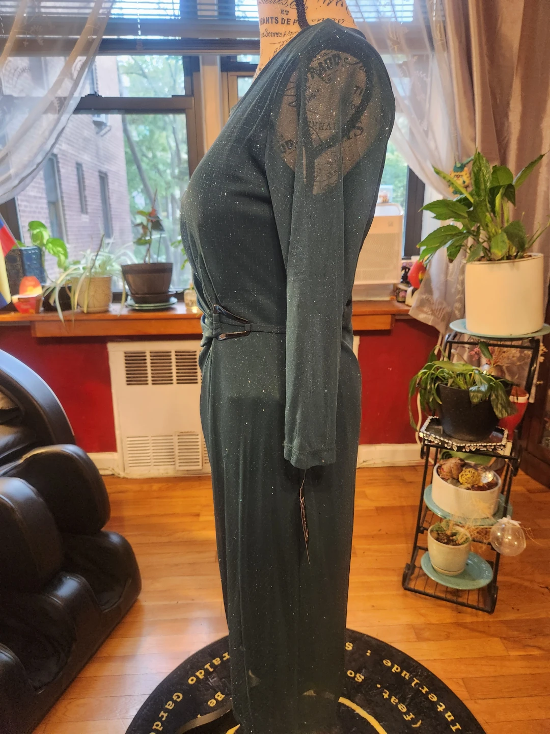Party NWT Teal Emerald Green Glitter Mesh Side-Buckle Midi Dress - photo 3