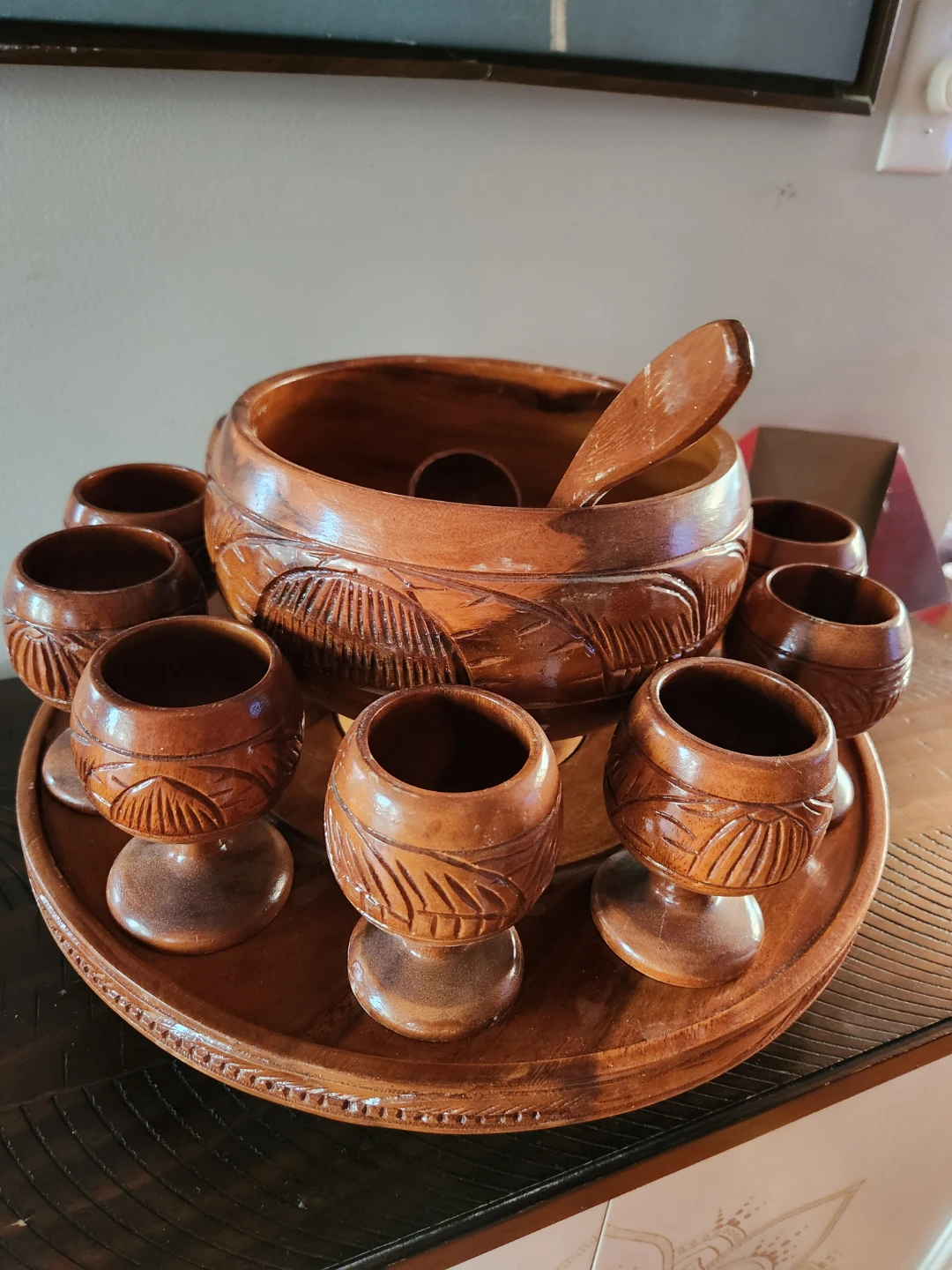 Vintage Hand-Carved tiki monkey Wooden Punch Bowl Set