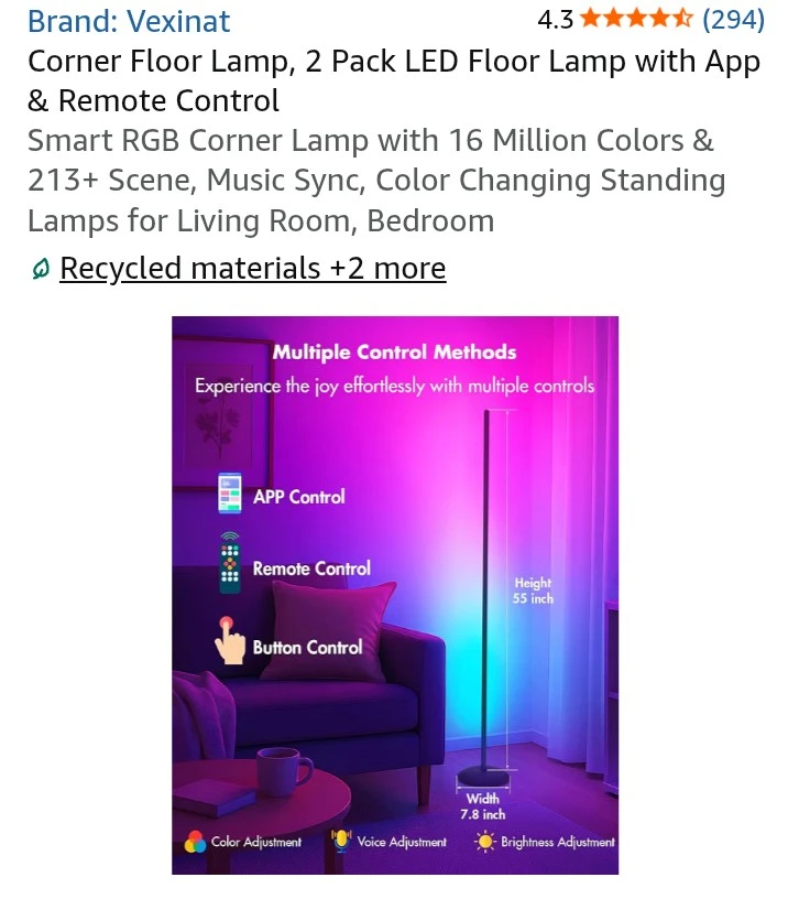Vexinat Smart RGB LED Corner Floor Lamps - 2 Pack - photo 3