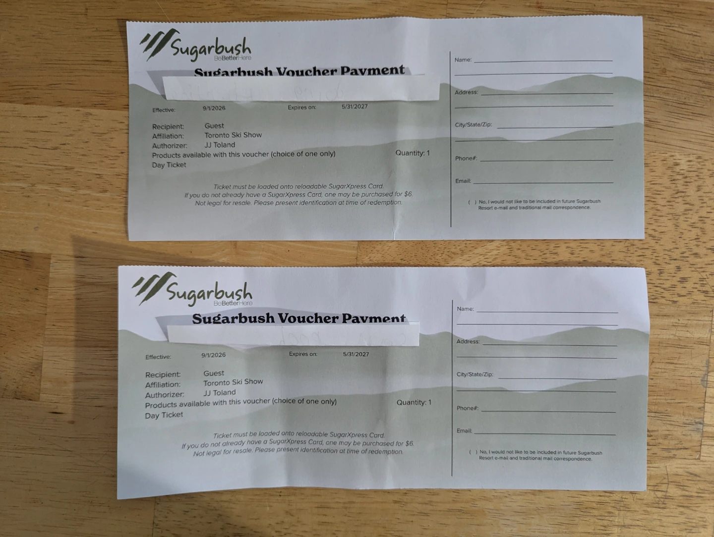 Two Sugarbush Resort Day Ticket Vouchers