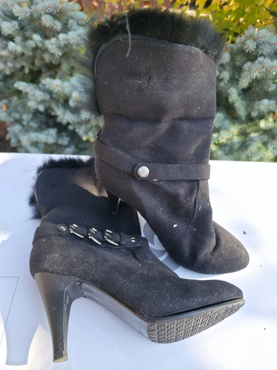 Black Heeled Boots with Faux Fur Trim - photo 2