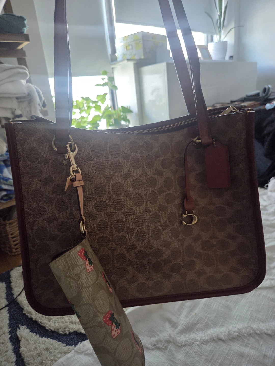 Coach Signature Canvas Tote Bag with Strawberry Charm