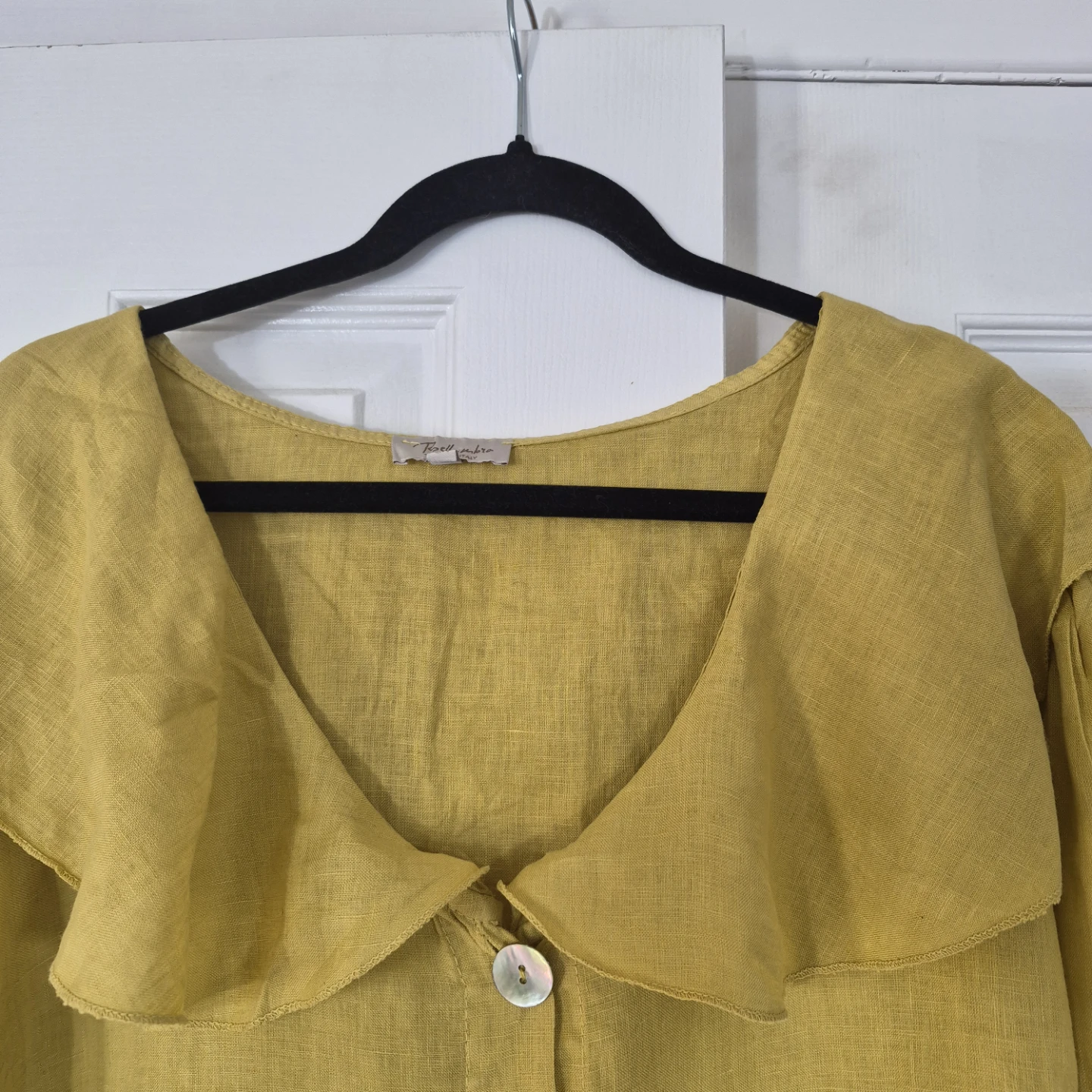 Yellow 100% Linen Ruffle Collar Blouse Bellambra Oversized 2X - photo 3