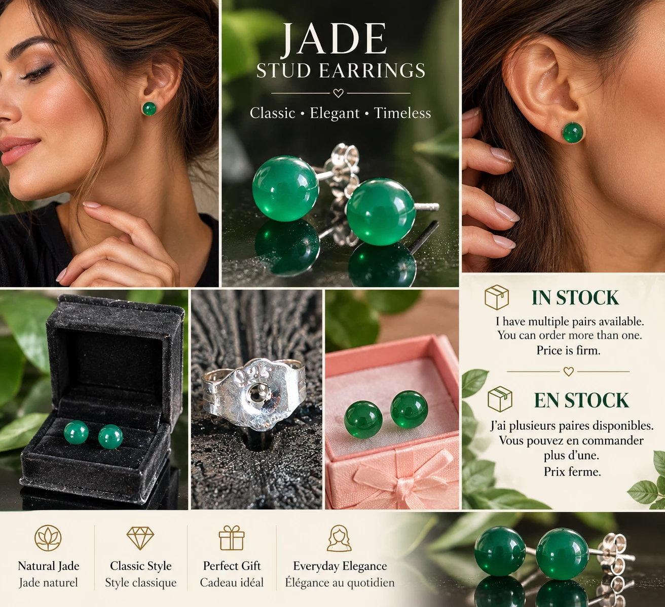 Natural Green Jade Stud Earrings – 925 Sterling Silver – New - photo 5