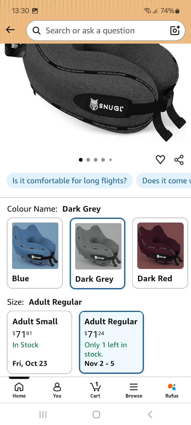SNUGL Travel Pillow Adult Regular Dark Grey