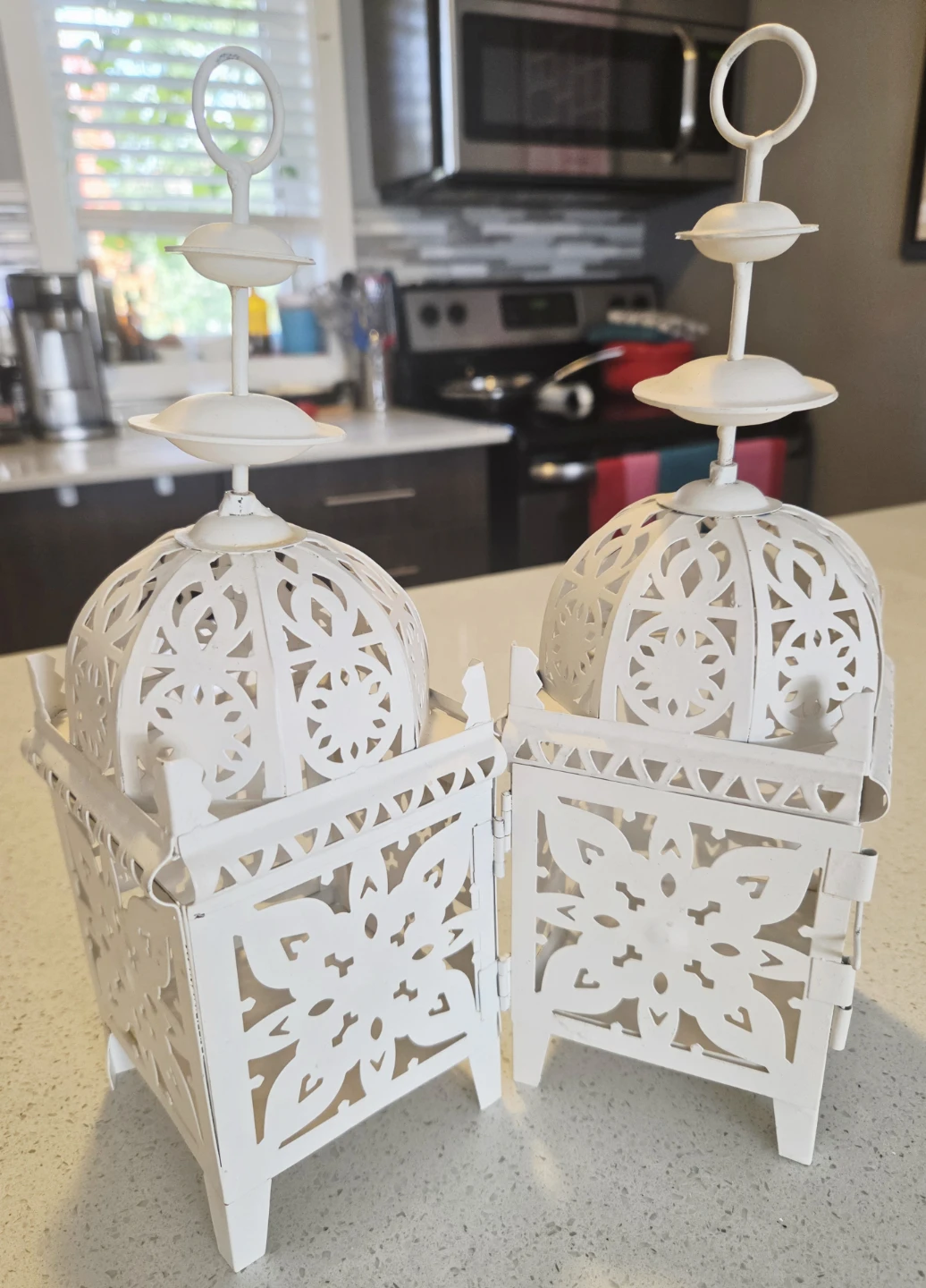 Set of Two Decorative White Metal Lanterns