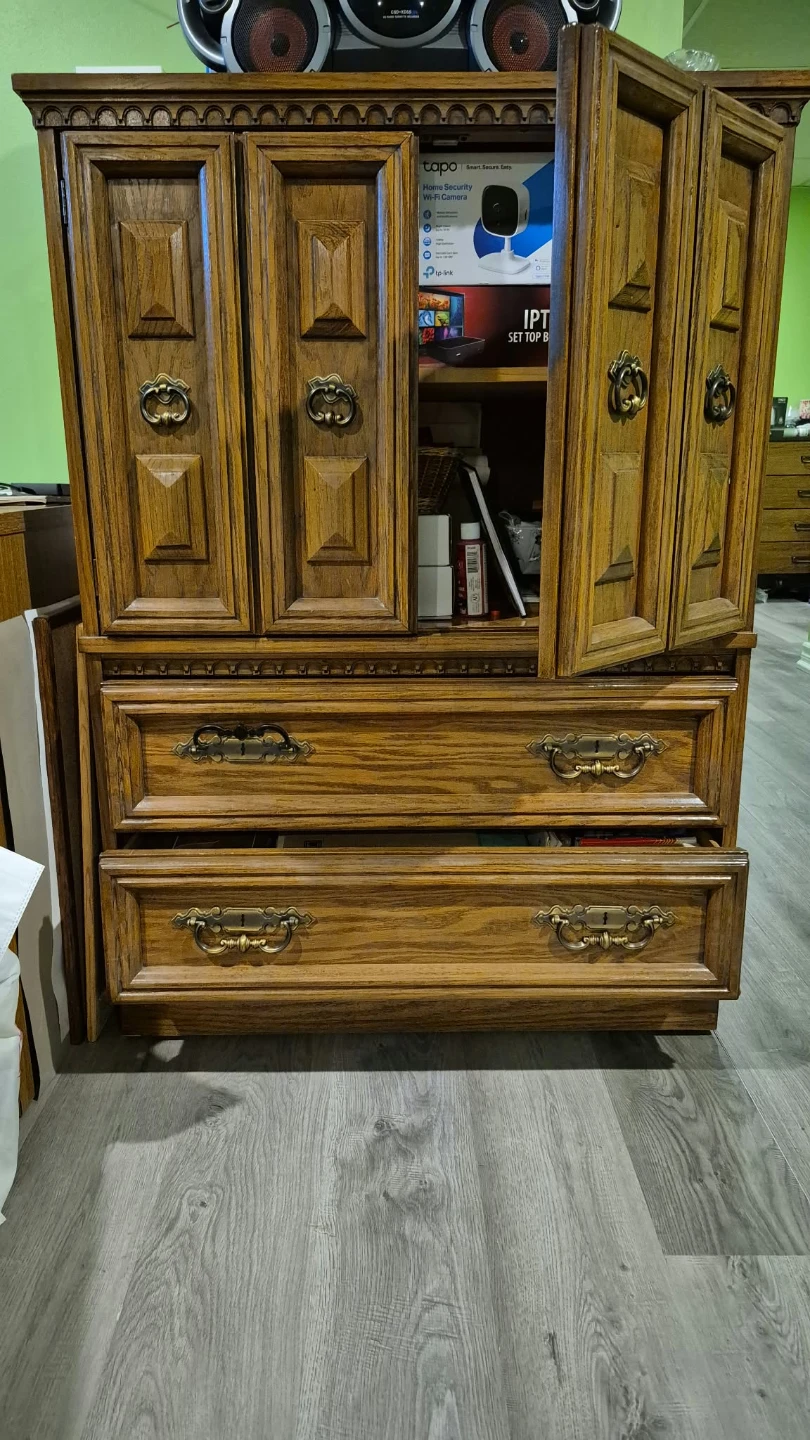 Vintage Solid Oak Armoire / Tallboy Dresser Cabinet - photo 2