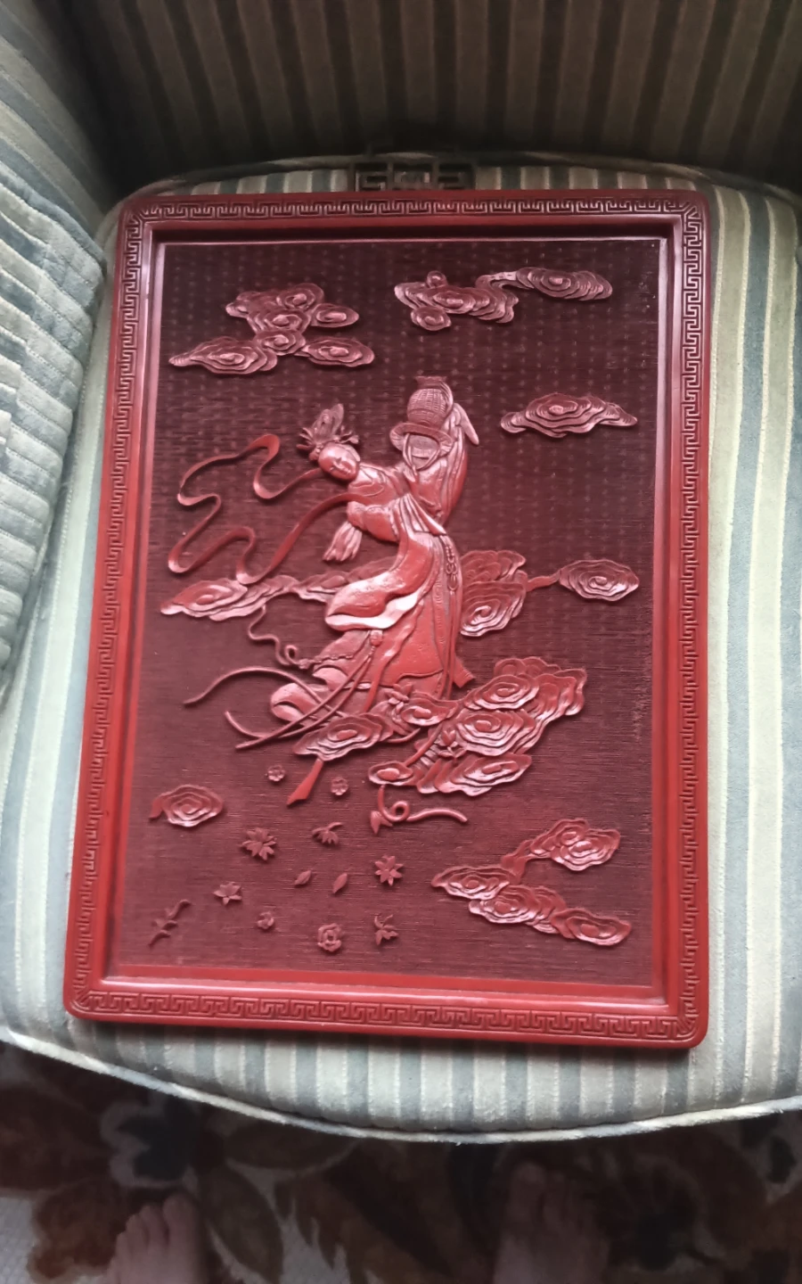 Carved Cinnabar Lacquer Wall Plaque - Lan Caihe Relief