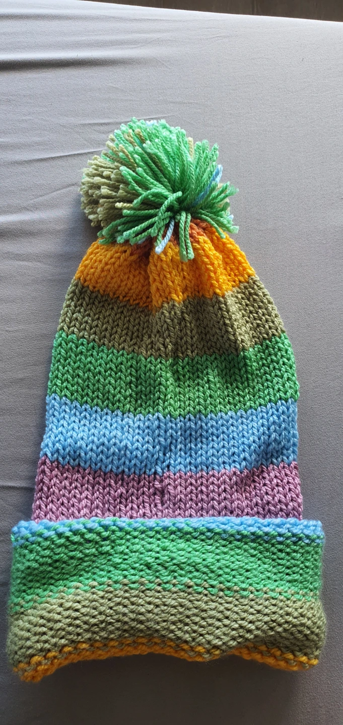 Hand-Knit Striped Pom-Pom Toque
