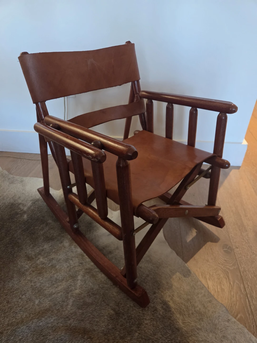 Vintage Wooden Leather Folding Rocking Chair