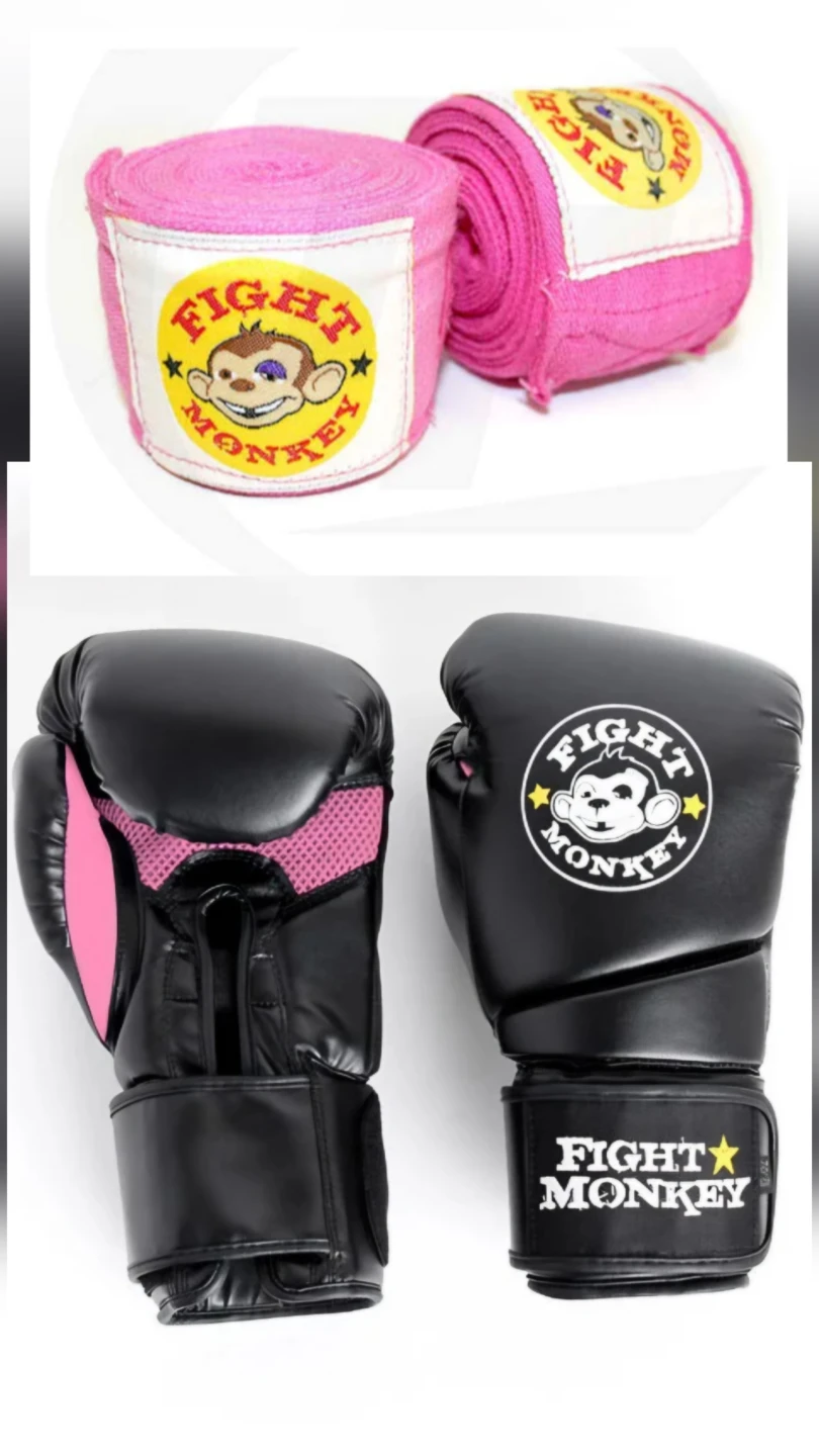 Brand New Pink Fight Monkey Boxing Gloves & Hand Wraps