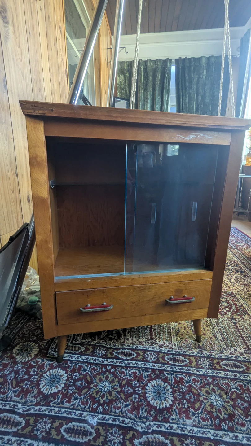 Vintage Mid-Century Wood Cabinet with Glass Doors