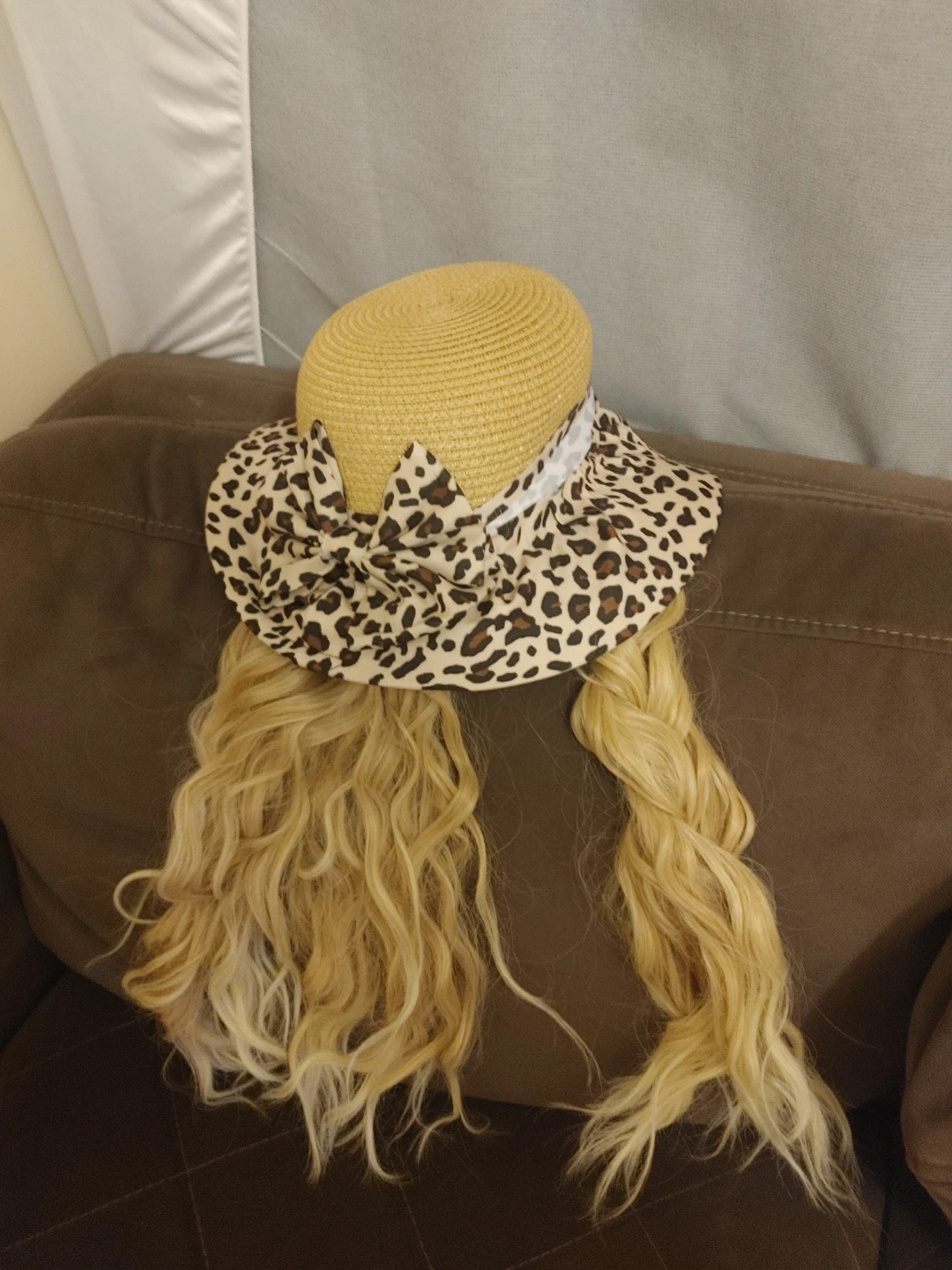 Straw Hat with Leopard Print Bow and Attached Blonde Hair