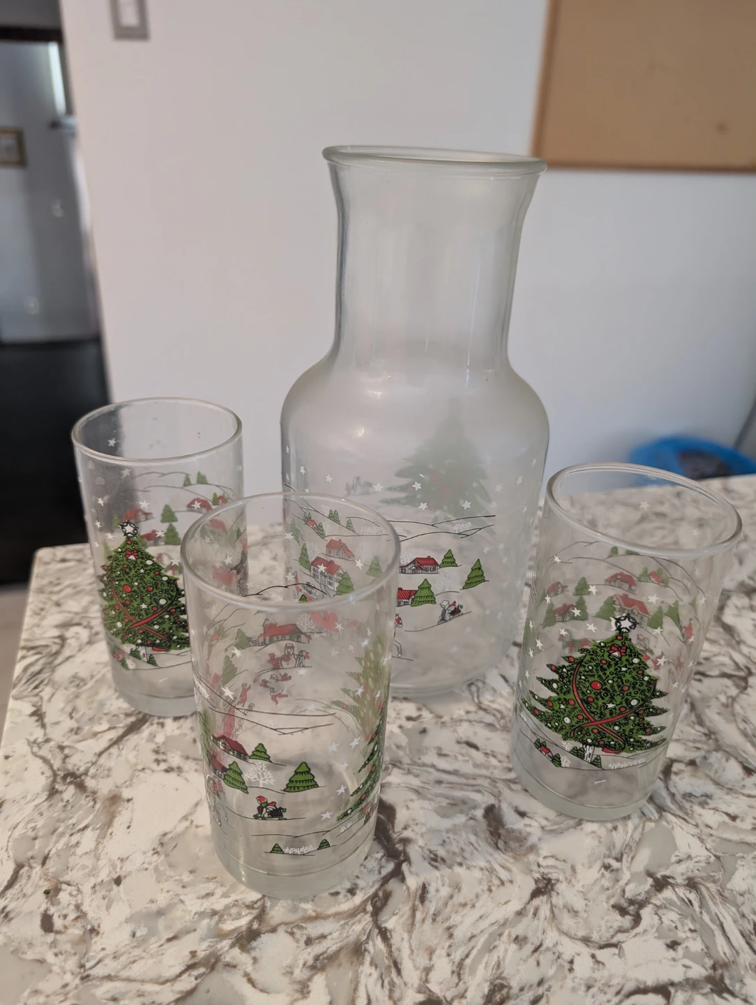 Christmas Glass Carafe and Three Glasses Set