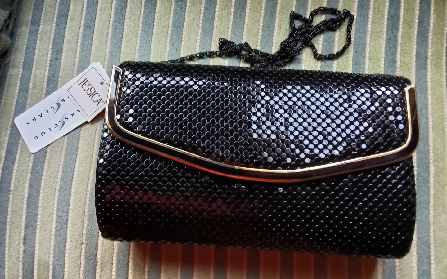 Jessica Black Mesh Evening Clutch with Chain NEW