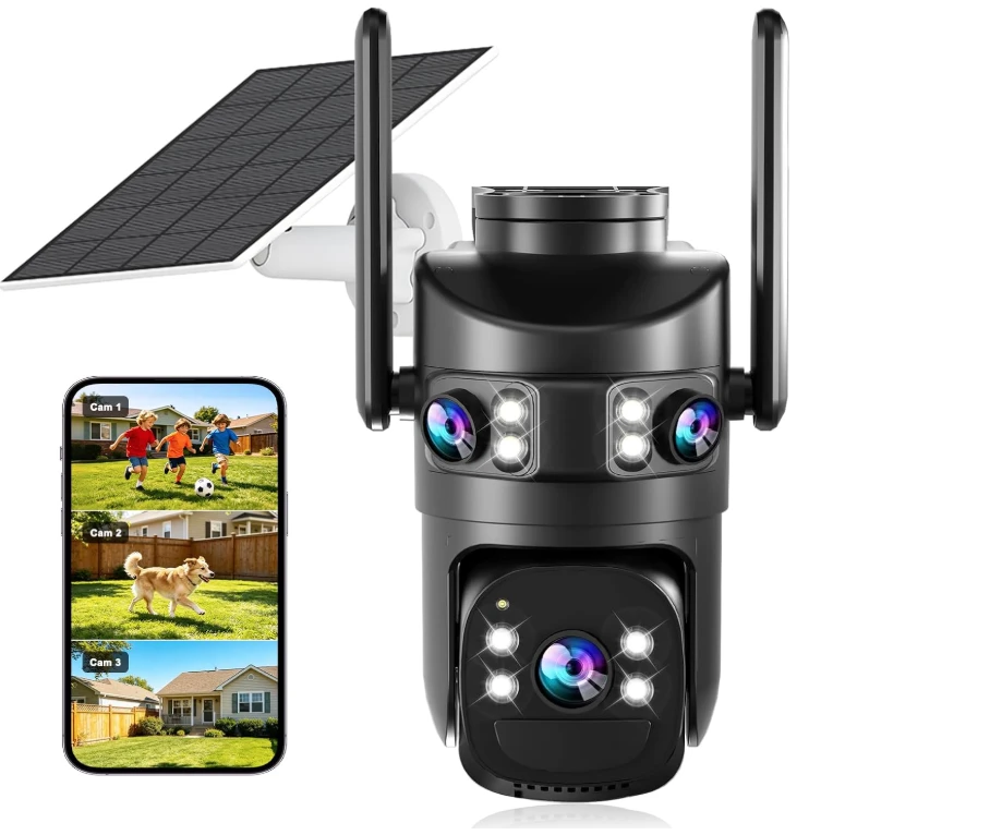 3-Lens Solar Security Camera with 360-degree View