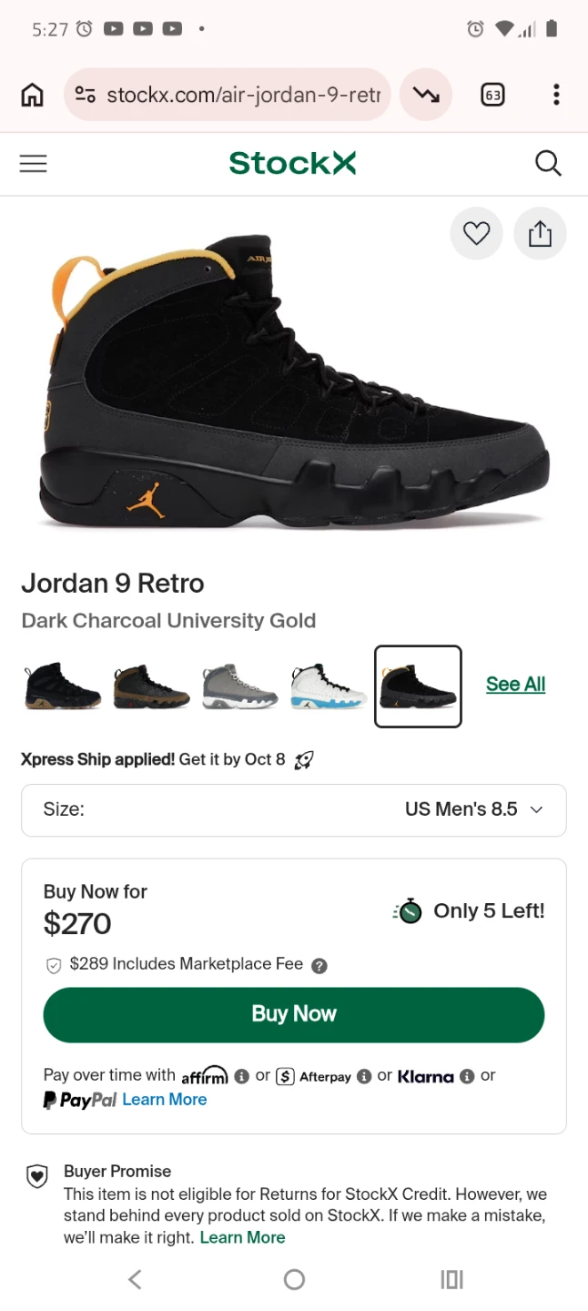 Jordan 9 Retro Dark Charcoal University Gold - photo 3