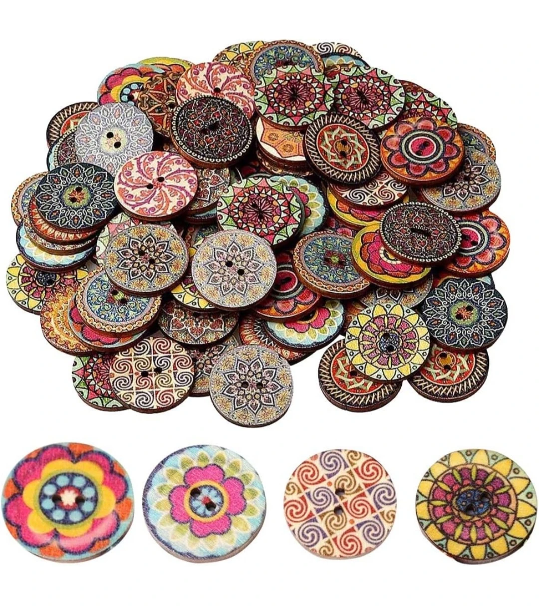 92 Piece 25mm Mandala Floral Wooden Buttons...New - photo 3