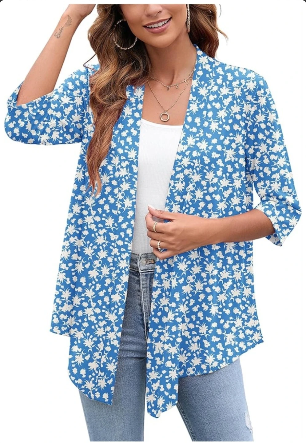 Blue and White Floral Open-Front Cardigan