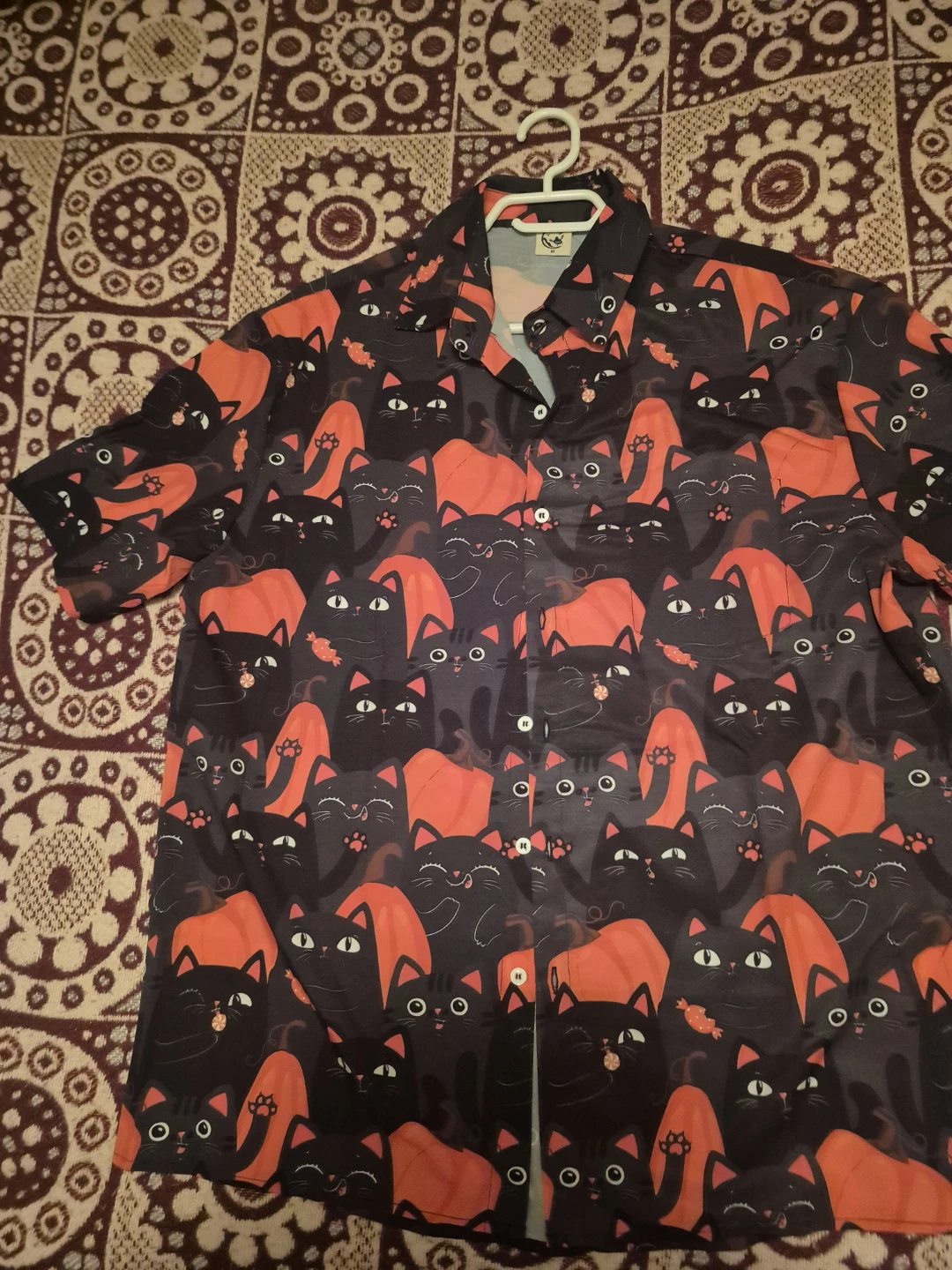 Halloween Cat and Pumpkin Print Short-Sleeve Shirt