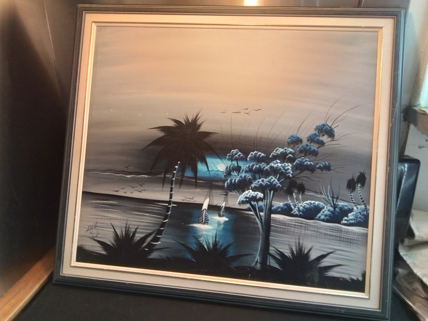 Tropical Moonlit Landscape Painting – Signed Luz RID