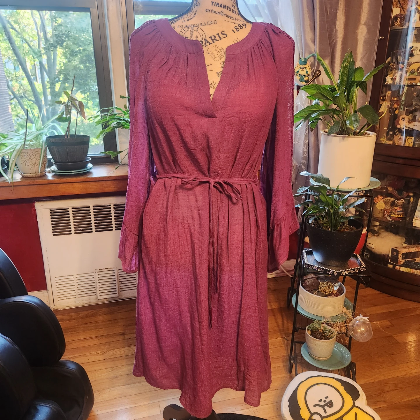 Purple Crinkle Gauze Lace Trim Bell Sleeve Boho Midi Dress